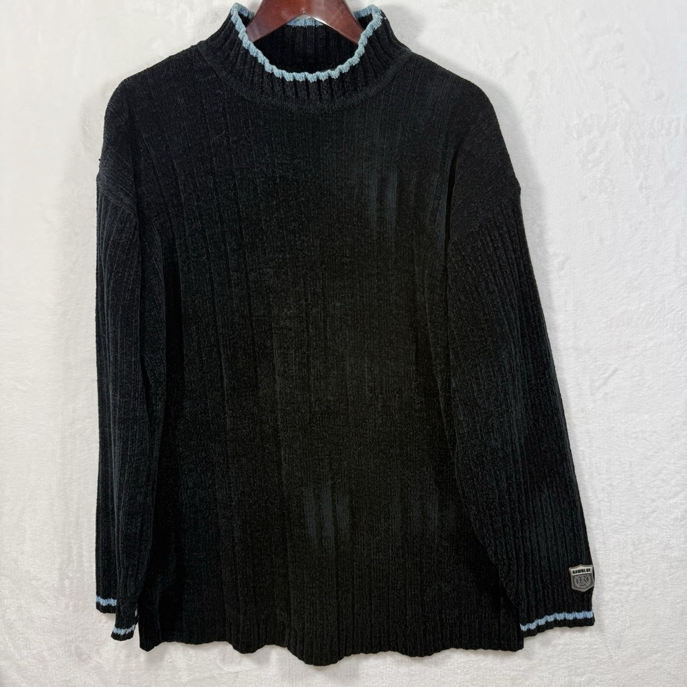 Raw Blue Mens XL Chenille Sweater Black Mock Neck Ribbed Knit Y2K Streetwear‎
